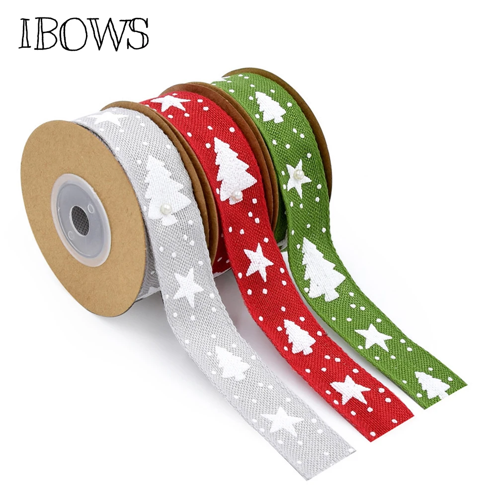 

IBOWS 25mm 5yards Hemp Ribbon Christmas Tree Printed Linen Ribbon for Gift Wrapping Party Decoration DIY Accessories Material