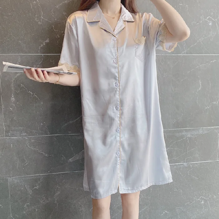 2021 New Nightdress Women's Summer Ice Thin Short Sleeve Cardigan Lace Sexy Nightgown Home Clothes Female Sleepwear Nightwear