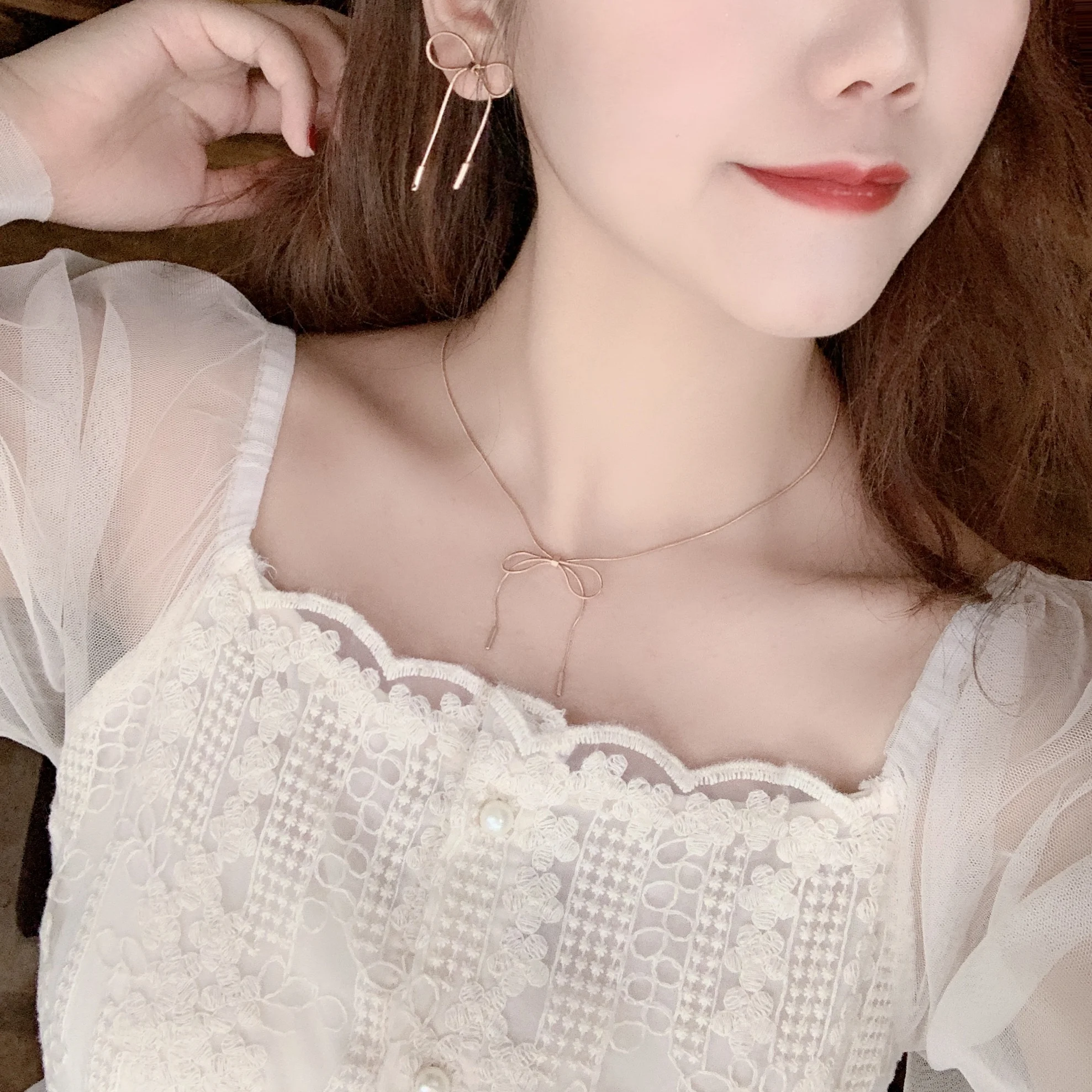 Темпераментное ожерелье и серьги в Корейском стиле с бантом из розового золота