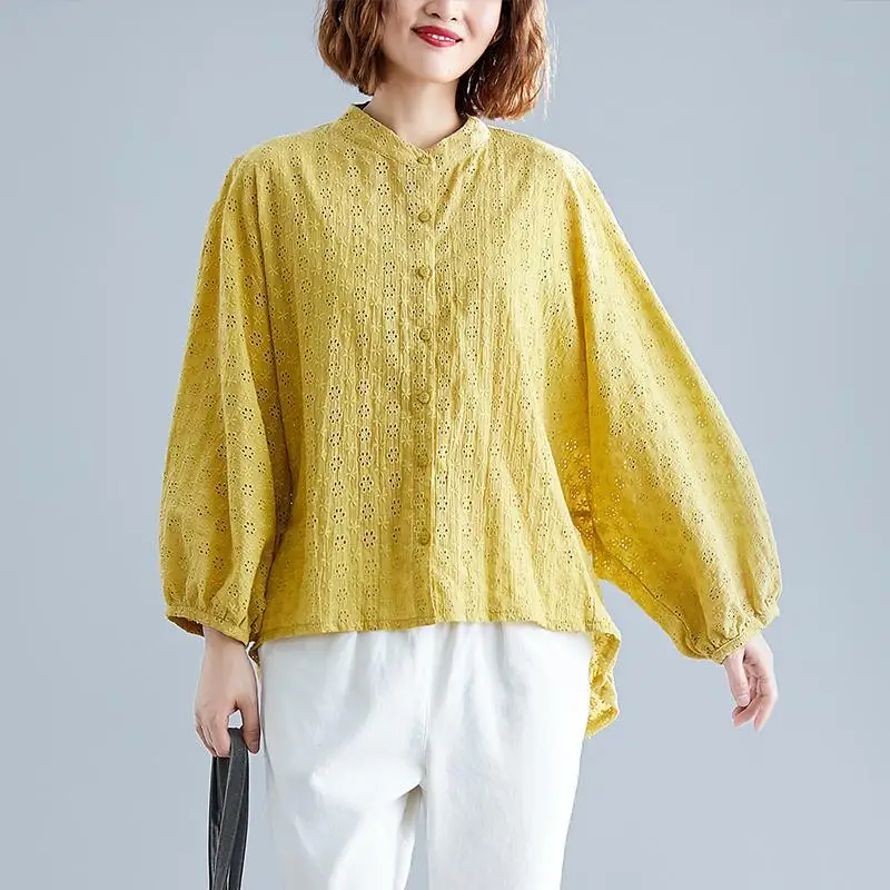 Женская одежда Johnature осенняя рубашка с вышивкой и рукавом летучая мышь