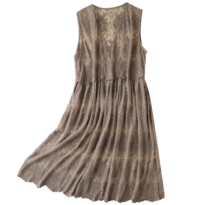 

Shuchan See Through Lace Tank Dress with Sleeveless Sexy & Club V-Neck Mid-Calf A-Line Dresses for Women Party Thin 2021