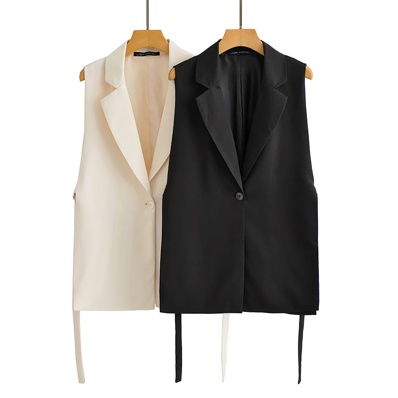 

Women 2021 Fashion Solid Side Slit One-Button Vest Vintage Suit Collar Sleeveless Outerwear Chic Veste Femme