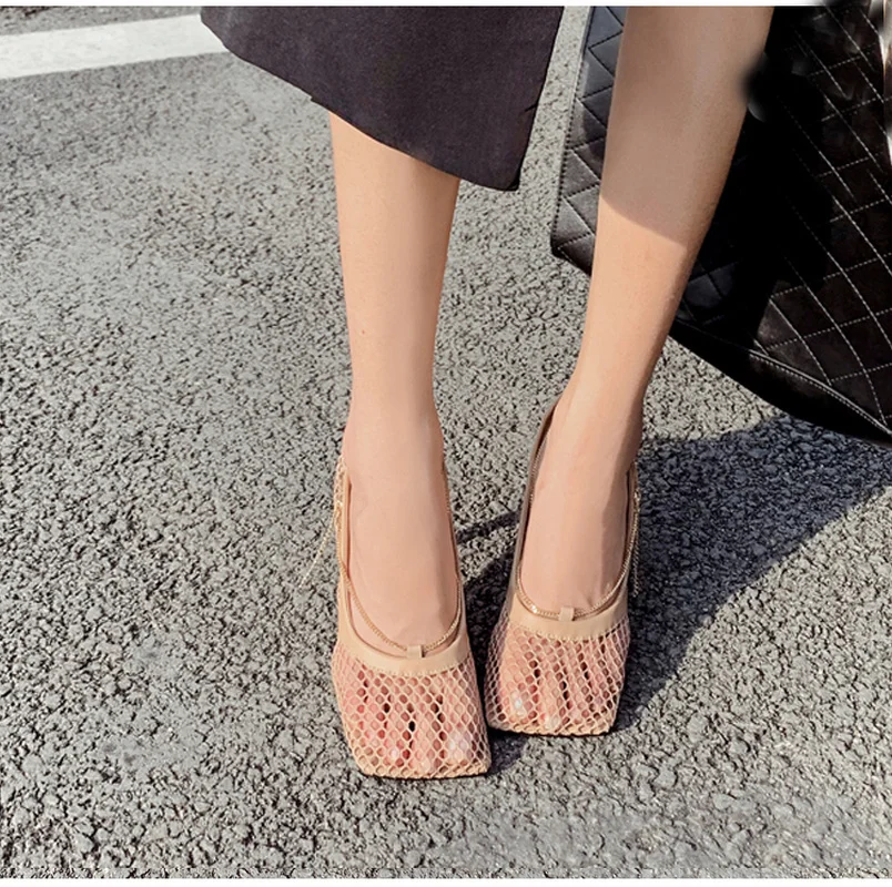 

Eilyken Summer Autumn Sexy Mesh Pumps sandals Female Square Toe high heel Chain Stiletto hollow Party Dress Pumps shoes 7CM