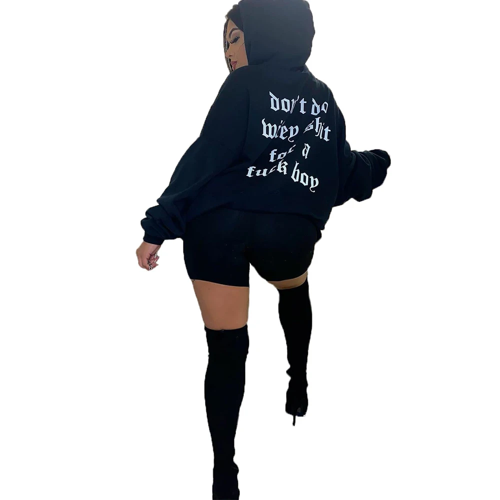 

White Letter Print Woman Hoodies Sweatshirts Streetwear Long Sleeve Hooded Oversized Pullover Hip Hop Autumn Female Black Hoody