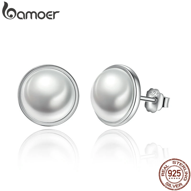 

BAMOER Fashion 925 Sterling Silver Elegant Beauty, Round White Pearl Stud Earrings Women Engagement Jewelry Brincos PAS489