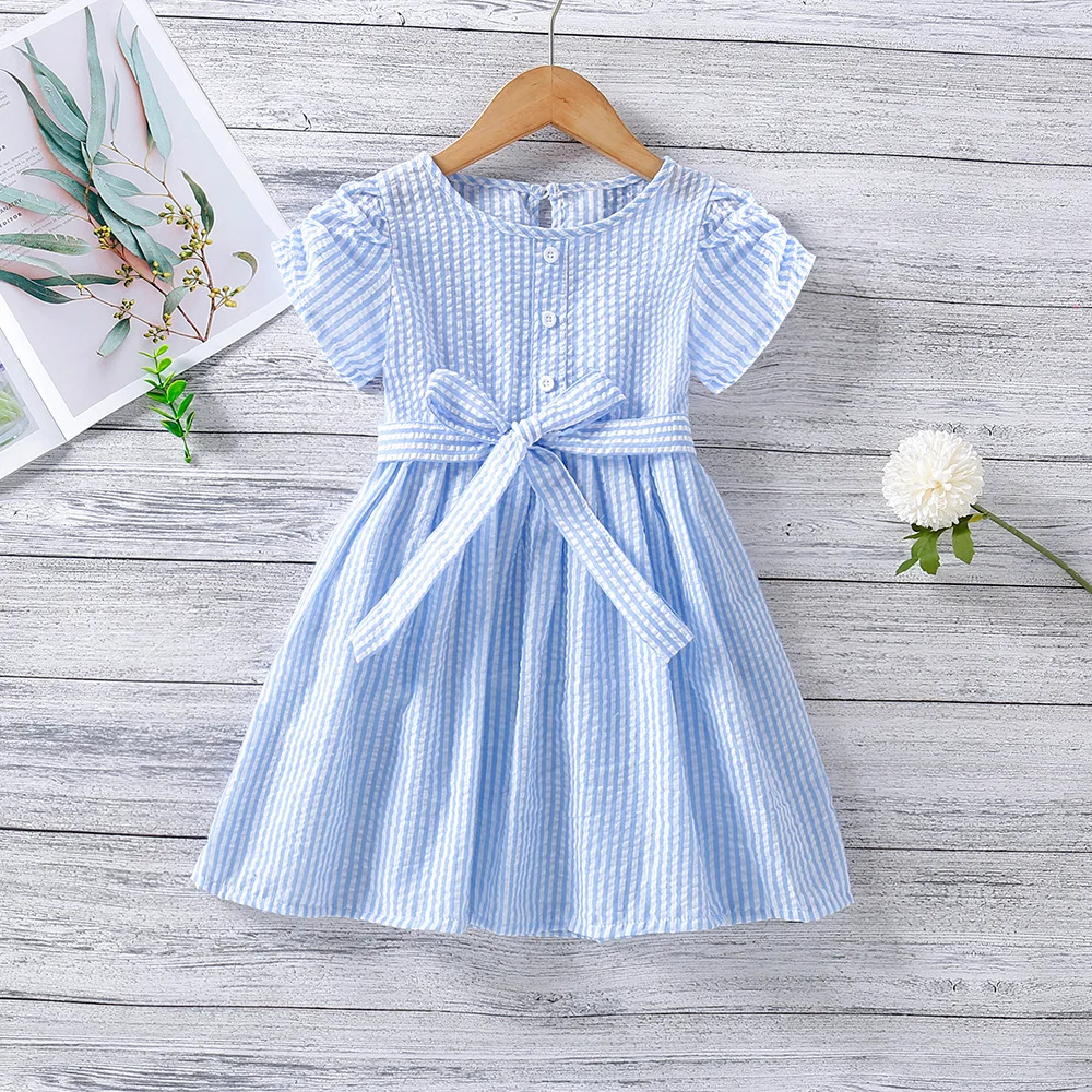 

Summer Dress Children's Clothes Girl 2021 New Casual Striped Belt Short-sleeved Children's Dress For 2-6 Years Old
