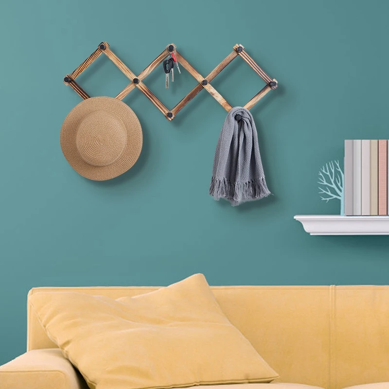 

Rustic Brown Burnt Wood Expandable Accordion Style Key Hooks Wall Mounted Storage Rack for Entryway, Mudroom or Kitchen