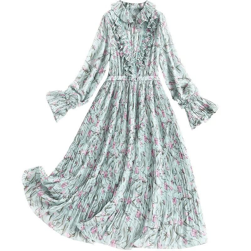 

Women girls beading ruffles chiffon cute dress new 2021 spring summer flare sleeve high waist floral print pleated pink dresses