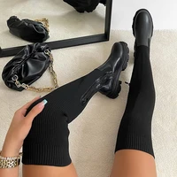 women long boots stretch knitting sock shoes designer ladies round toe over the knee boot zipper platform chelsea high boots new