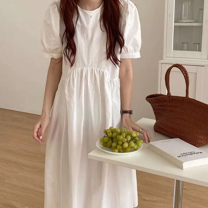 

Women Solid Short Sleeve Dress 2021 Summer Lantern Sleeves Irregular Pleated Casual Dress High Quality Harajuku Mid Dresses Blue