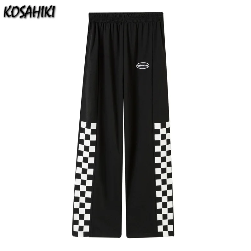

KOSAHIKI Harajuku Streetwear Checkerboard Print Loose Wide Leg Pants Women Casual Elastic Waist Hip Hop Plaid Jogger Pants