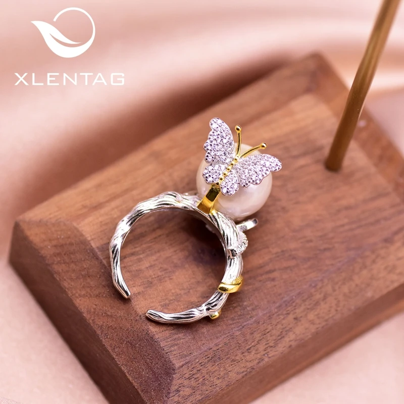

XlentAg Handmade Silver Colour Butterfly Ring For Women Fresh Water White Pearl Luxury Jewelry For Girls Engagement GR0258