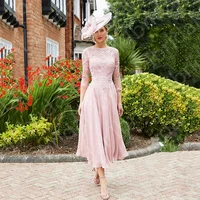 2022 Hot Sale Pink Lace Mother of the Bride Dresses Tea Length Wedding Party Dresses Jewel Neck Mother Dresses with 3/4 Sleeves
