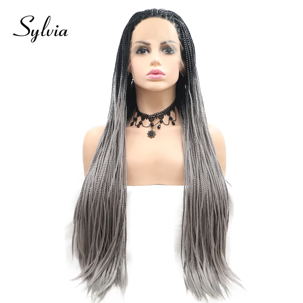 Sylvia Black to Grey 2t Ombre Braided Box Braids Synthetic Lace Front Wigs Half Hand Tied Braiding Heat Resistant Fiber Hair