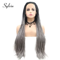 sylvia black to grey 2t ombre braided box braids synthetic lace front wigs half hand tied braiding heat resistant fiber hair