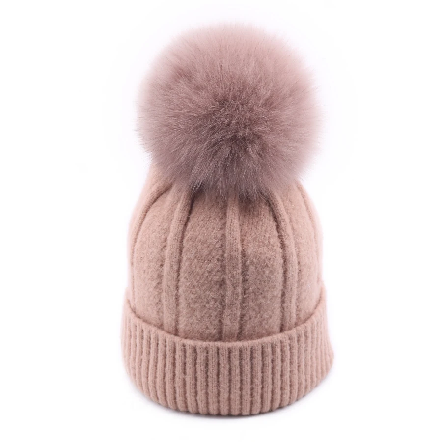 Зимняя женская вязаная шапка Skullies, Женская бини, шапка с настоящим помпон из лисьего меха, Роскошные плотные теплые уличные Лыжные шапки Gorro для девочек