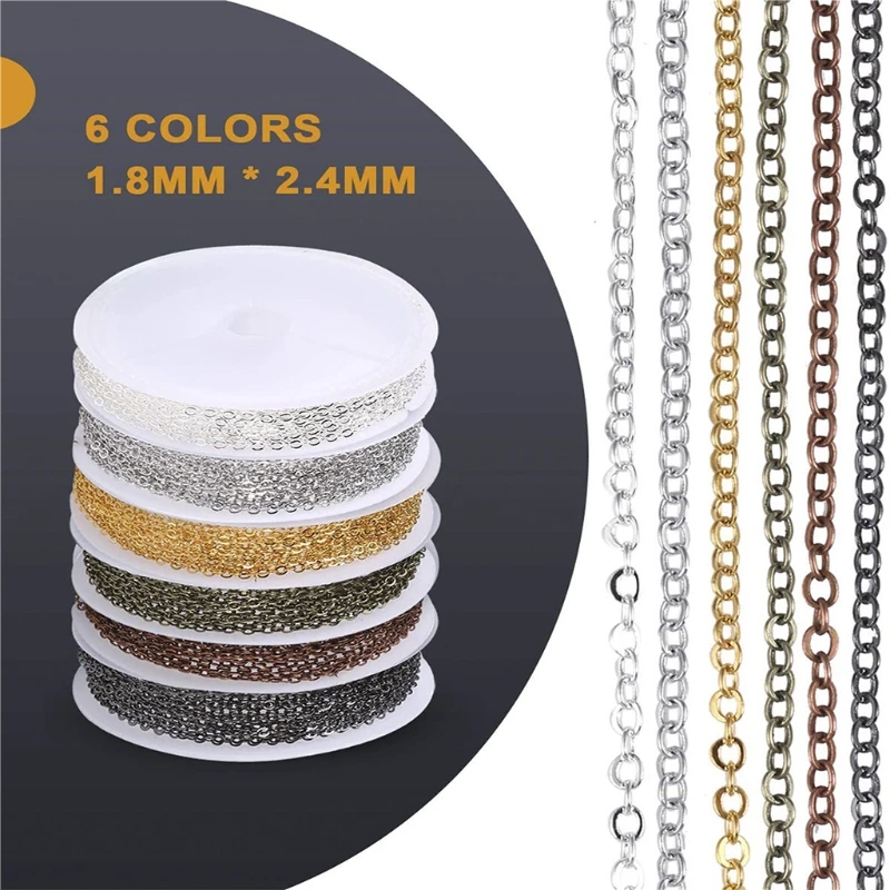 

6 Assorted Colors 2mm Jewelry Making Chains Light Handy Durable Necklace Chains with Butterfly Buckle Open Jump Rings