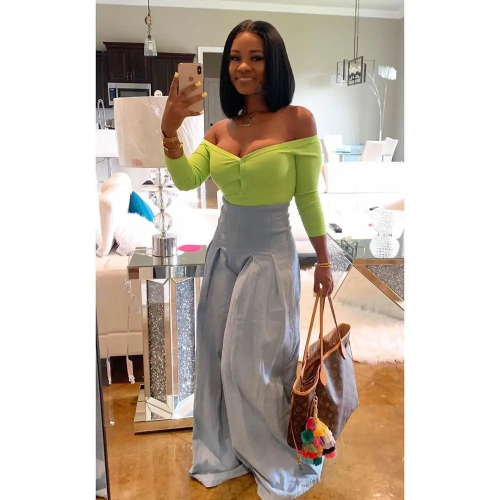 

New casual solid color loose wide-leg pants European fashion high waist elastic band ladies trousers