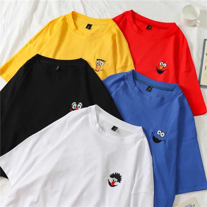 Корейская свободная Базовая футболка с мультяшной вышивкой Осенние простые