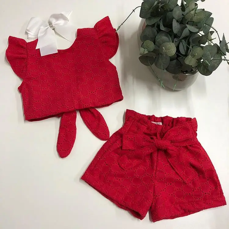 

1-5Years Fashion Summer Toddler Kids Girls Clothes Ruffles Sleeve Hollow T-shirts Tops+Bowknot Shorts Casual Sunsuit Outfits