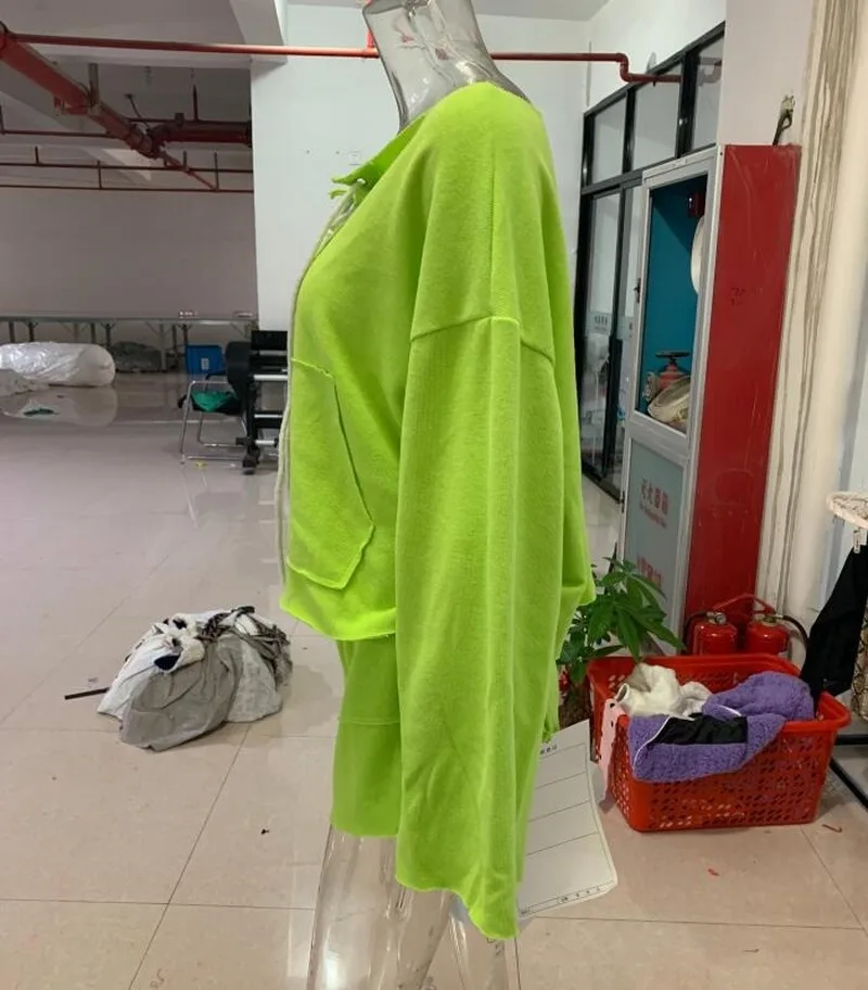 

Solid Fluorescent Green Cotton Blends Chic Stylish Girls Womens 2020 Two Piece Outfits Casual Loose Long Sleeve Shorts Tracksuit