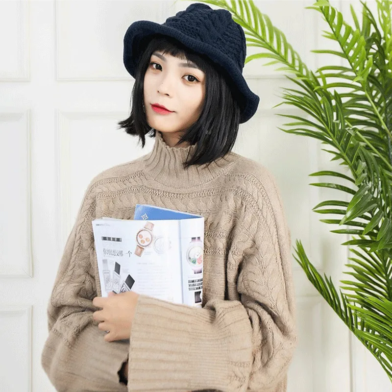 Осенне-зимние модные повседневные женские вязаные шапки-ведерки однотонные