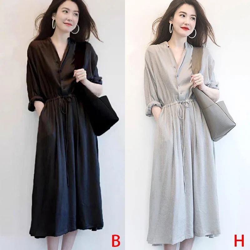 

Autumn New Women Long Sleeve A-Line Dress Slim Thin Temperament Vestidos Female V-Neck Mid-Length Shirt Dress