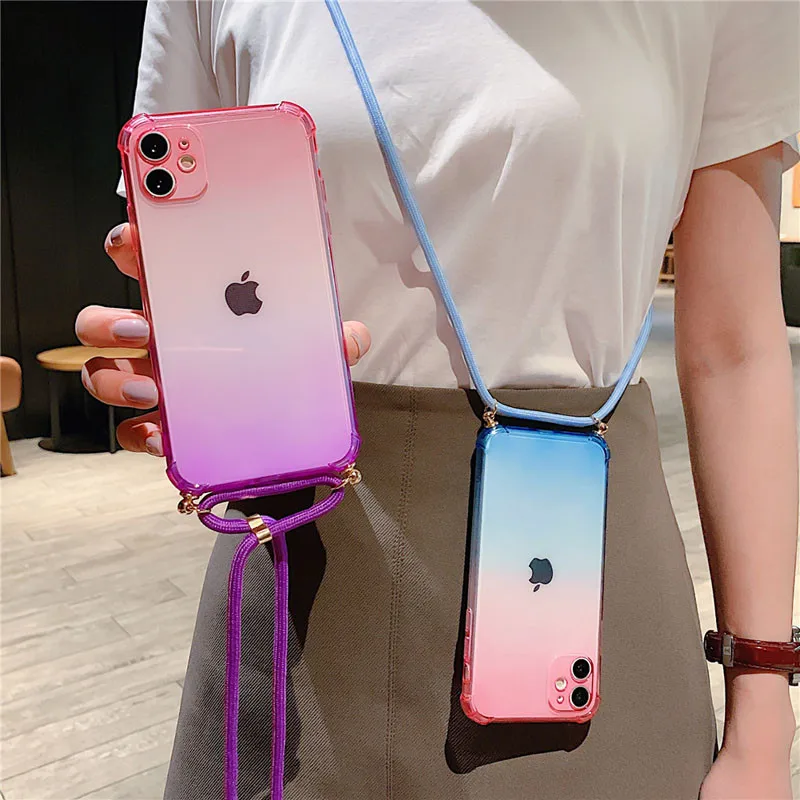 

Moskado Gradient Color Strap Cord Chain Phone Case For iPhone 12 11 Pro X XR XS Max Mini 7 8 Plus SE 2020 Soft TPU Back Cover