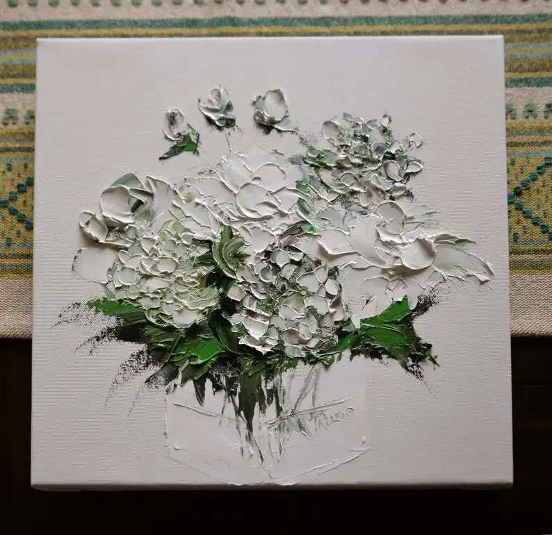 

White Hydrangea and Peonies,Abstract,Floral Painting,Valentine's Day Gift, Original Art, Oil Painting,Palette knife,Green,