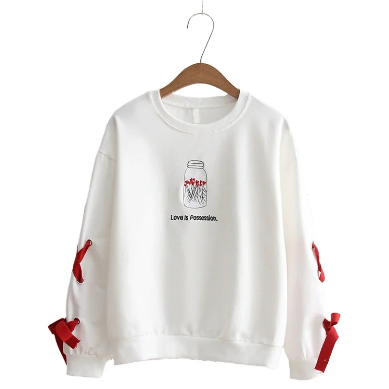 

Women Preppy Style Sweet Hoodies Sweatshirts Cotton Round Neck Pullover Women's Lace Up Loose Tracksuit