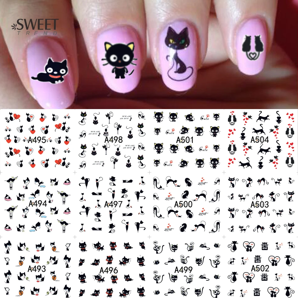

12 Designs in 1 Cute Cat Pattern Watermark Designs Nail Art Stickers Water Transfer Decals Beauty Nails For Decoration LA493-504