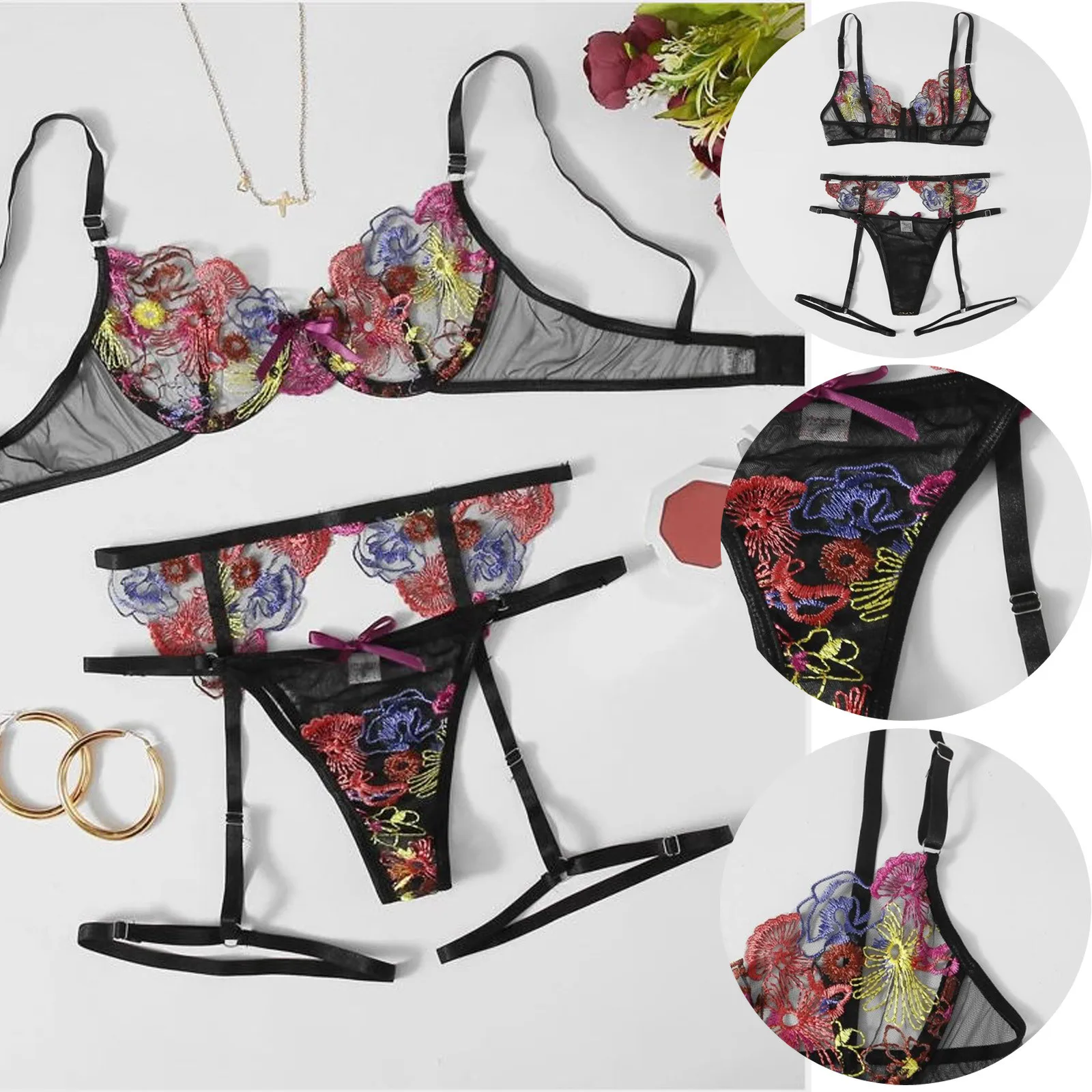 

3 шт., женское сексуальное нижнее белье с вышивкой