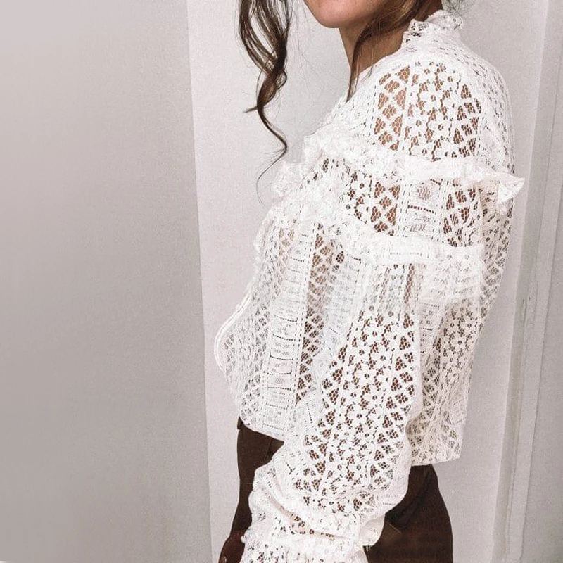 

Sexy Hollow Out Blouse Shirt Women Black Lace Casual Loose Streetwear Female Long Sleeve Lace Patchwork See Through Tops