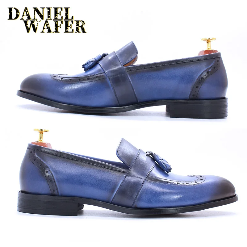 Luxury Men Loafers Shoes Slip On Blue Black Brown Tassels Casual Formal Dress Wedding Office Leather | Обувь