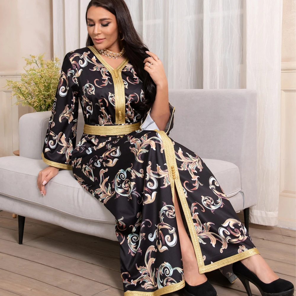 

Dubai Jalabiya Arab Ethnic Robe Women Muslim Fashion Belted Jelleba Dress Maxi Abaya Braided Caftan Morocco Party Eid Ramadan