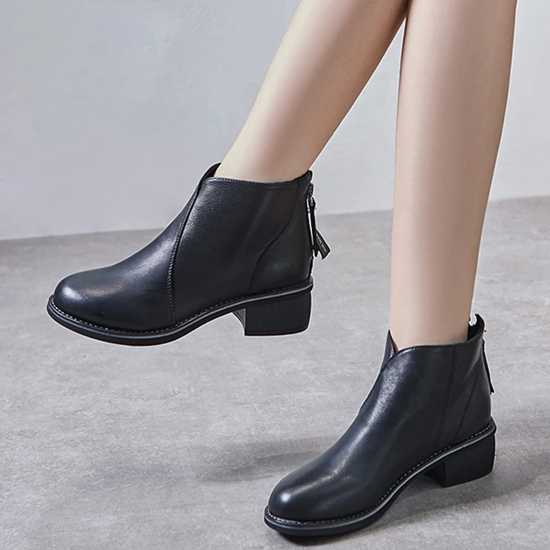 Модные ботинки женские ботильоны из натуральной кожи черная элегантная женская