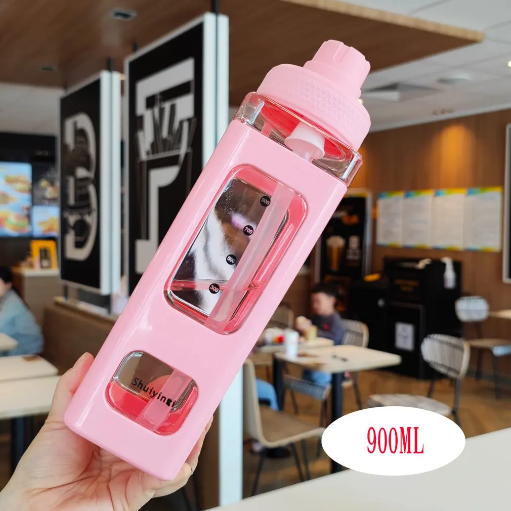 

700ml/900ml Kawaii Bear Water Bottle With Straw Sport Plastic Portable Square Drinking Bottle For Girl Cute Juice Tea Water Cups