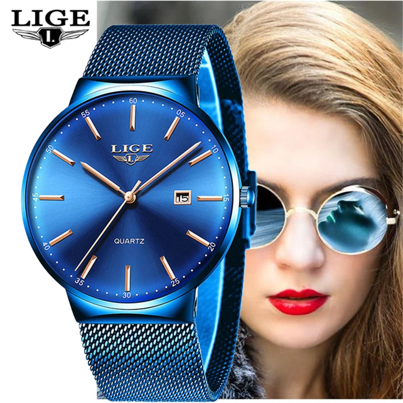 LIGE Womens Watches Top Brand luxury Analog Quartz Watch Women Full Blue Mesh Stainless Steel Date Clock Fashion Ultra-thin Dial arabic numbers dial design women s fashion watch stainless steel ultra thin silver women quartz watches bgg brand horloge saat