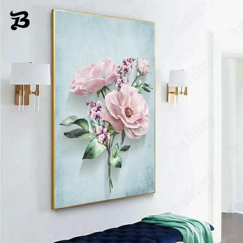 

Canvas Painting Wall Art Hand Painted Rose Flower Canvas Posters Green Plant Prints Nordic Wall Pictures for Living Room Decor