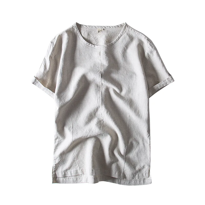 

Summer Short Sleeve Men's Casual Slim Fit Cotton Linen High Quality T-shirt Japan Solid Color Minimalist Simple Pullover Tee Top