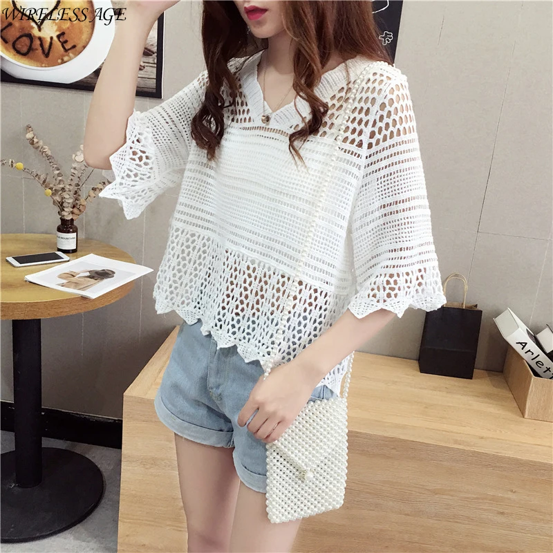 

WIRELESS AGE Shirt Hollow Lace Crocheted Top Women's White V Neck Sleeves Holiday Beach Shirt 2021 New Women's Fashion Wild