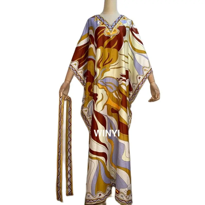 

2021Europe Bohemia Fashion Designer Maxi abaya Women's Batwing Sleeve Green Palm Leaf Floral Print Loose Casual Long Dress