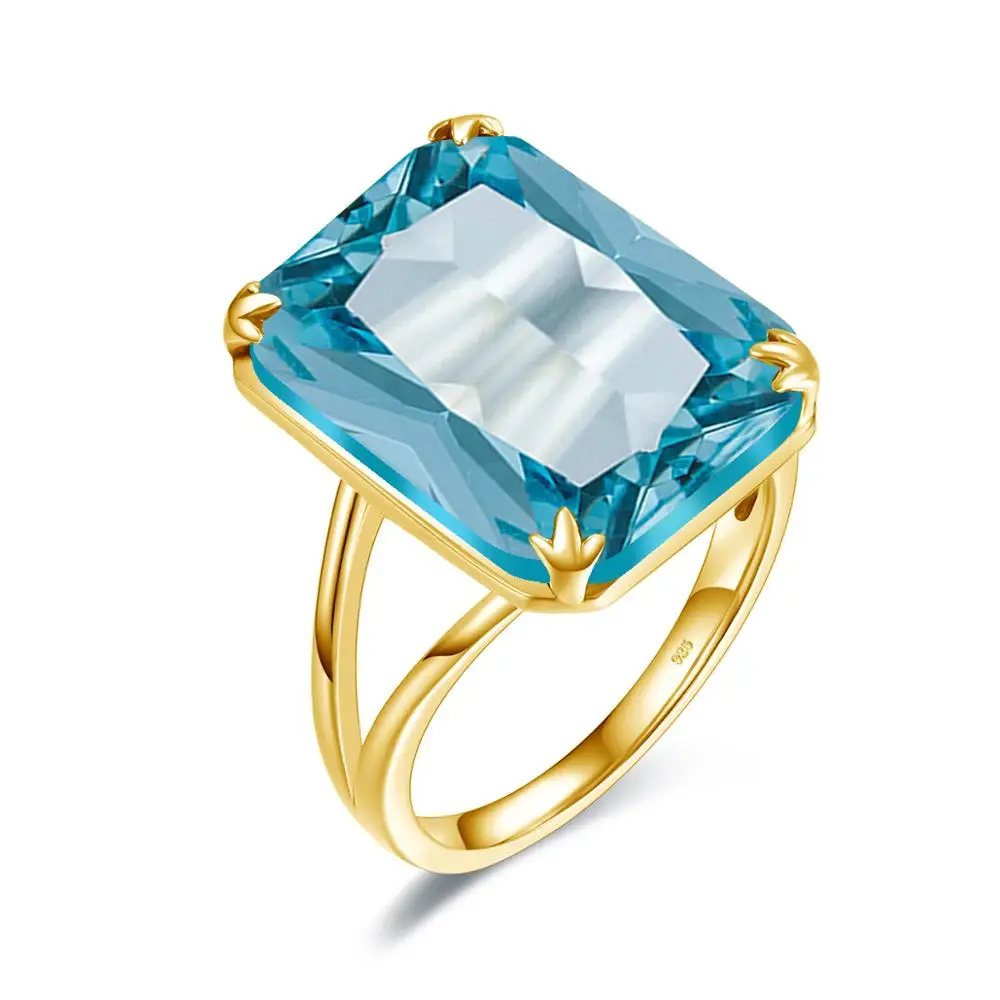 100% Genuine Silver 925 Rings With 14K Gold Ring Sky Blue Aquamarine Handmade Carve Rectangle Gemstone Fine Jewelry For Women | Украшения и