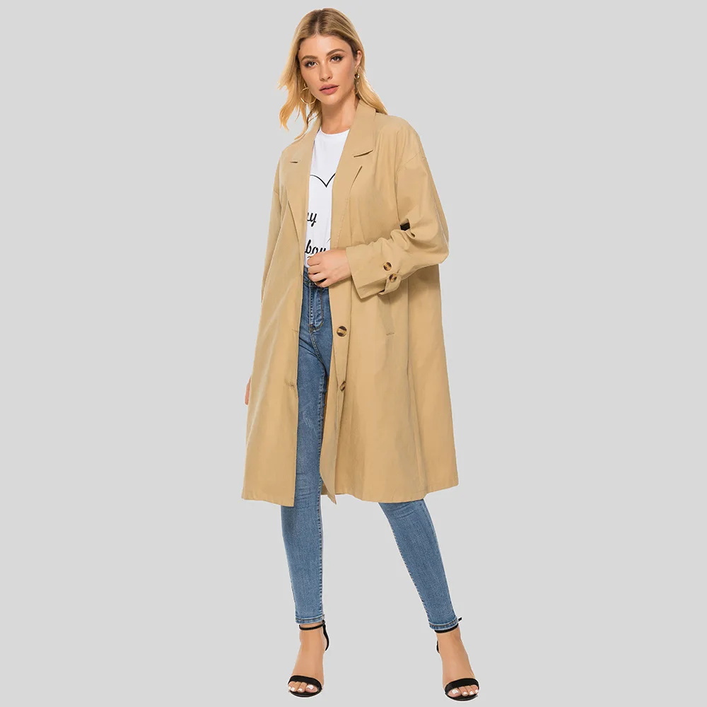 Осенний стильный модный однотонный тренчкот на пуговицах с двумя карманами и