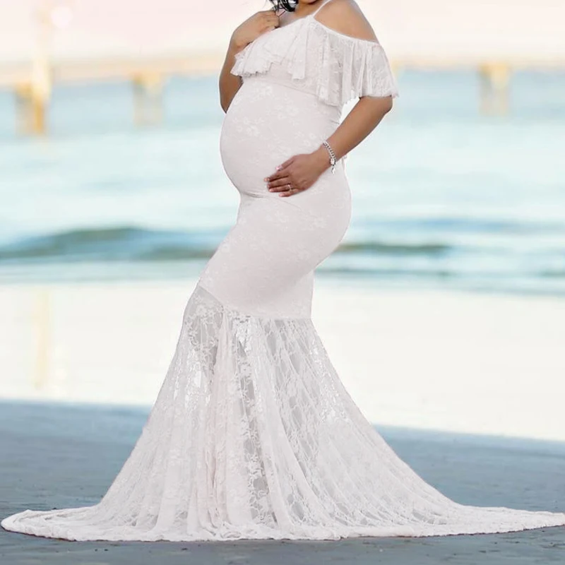

White Lace Maternity Photography Props Dresses Sexy Fancy Pregnancy Dress For Photo Shooting Long Pregnant Women Maxi Gown 2021