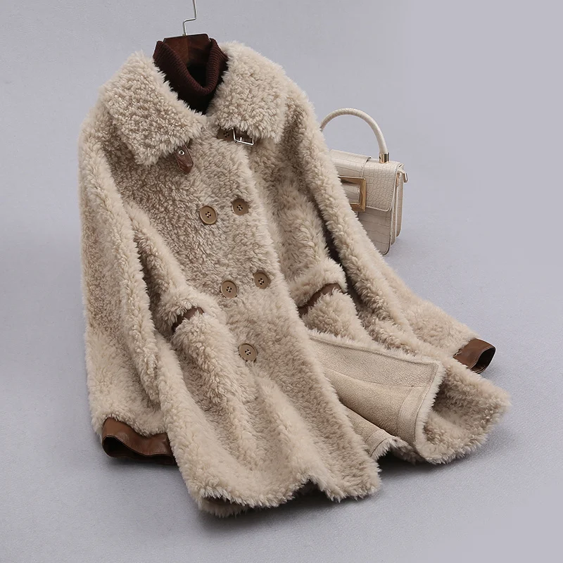 

Женское двубортное пальто из овечьей шерсти, осенне-зимняя шуба из натуральной шерсти, X846, 2023
