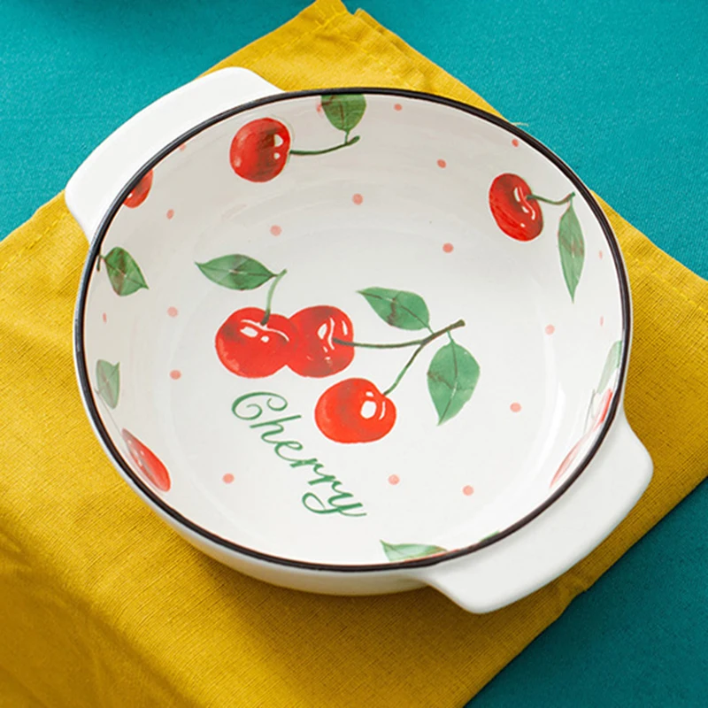 

8 Inch Nordic Style Baking Bowl with Double Handle Ceramics Baking Bowl Porcelain Kitchen Microwave Tableware Fruit Salad Sushi