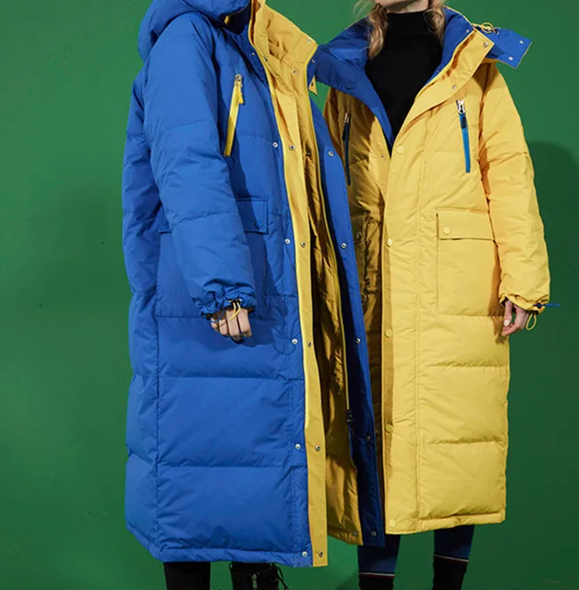 Yellow-Blue -Women Дизайн AIGYPTOS для женщин и мужчин зимнее супер толстое теплое пуховое пальто свободного размера плюс Двусторонний пуховик с капюшоном - Цвет: Yellow-Blue -Women
