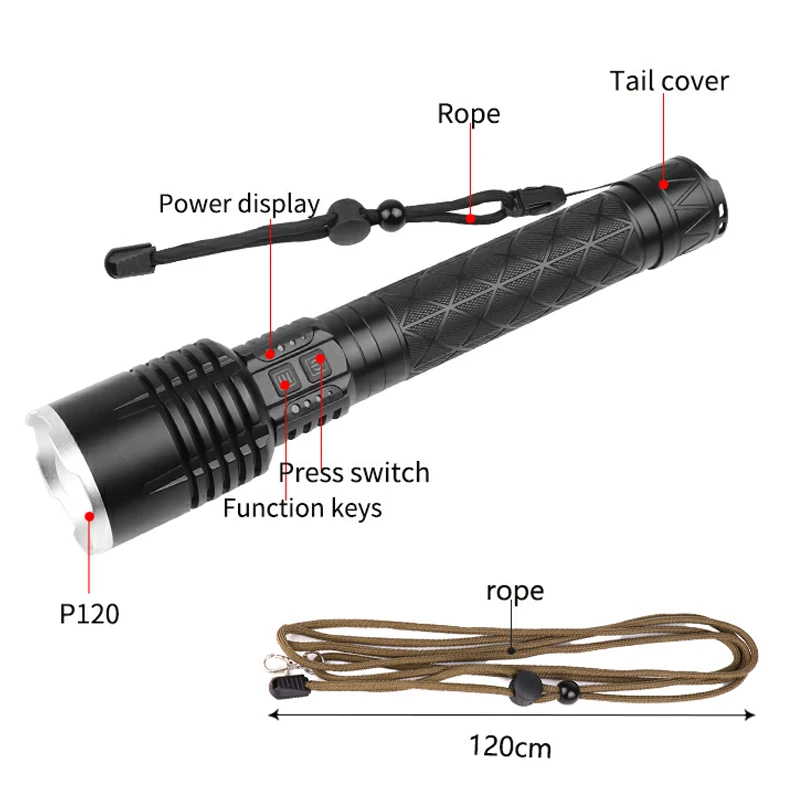 Precio Linterna Táctica XHP120 Linterna LED Con Zoom Recargable Por USB, Luz Flash Superbrillante Para Caza, 18650, 26650