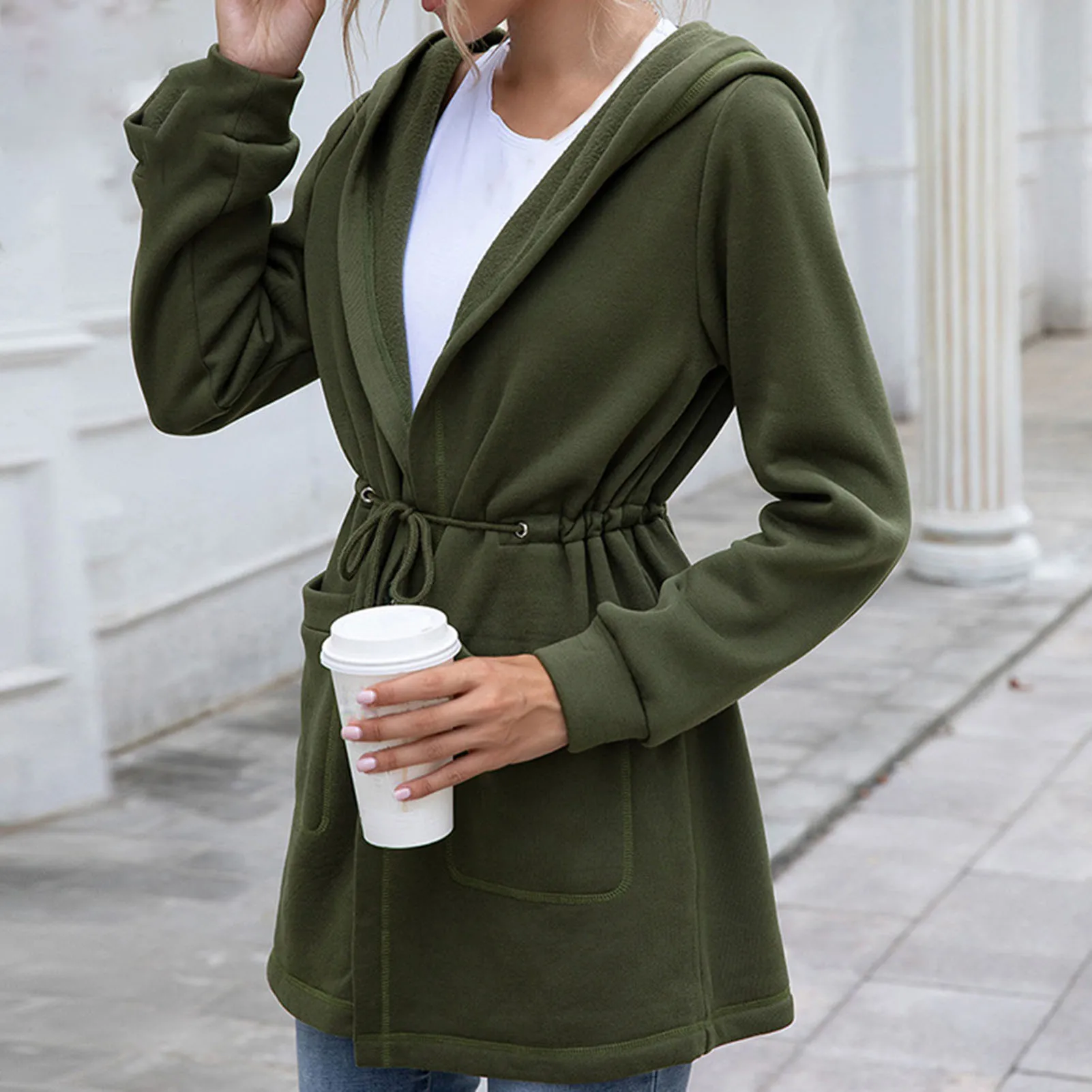 

Women Autumn Winter Waist Drawstring Hooded Coat Open Front Mid-length Cardigan